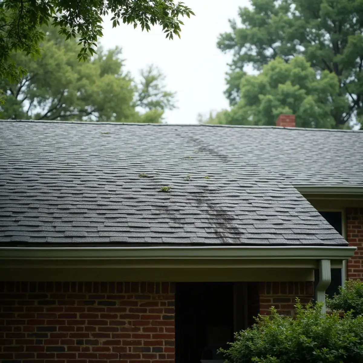Dark algae streaks on the shaded north slope of a shingle roof in Benton, AR