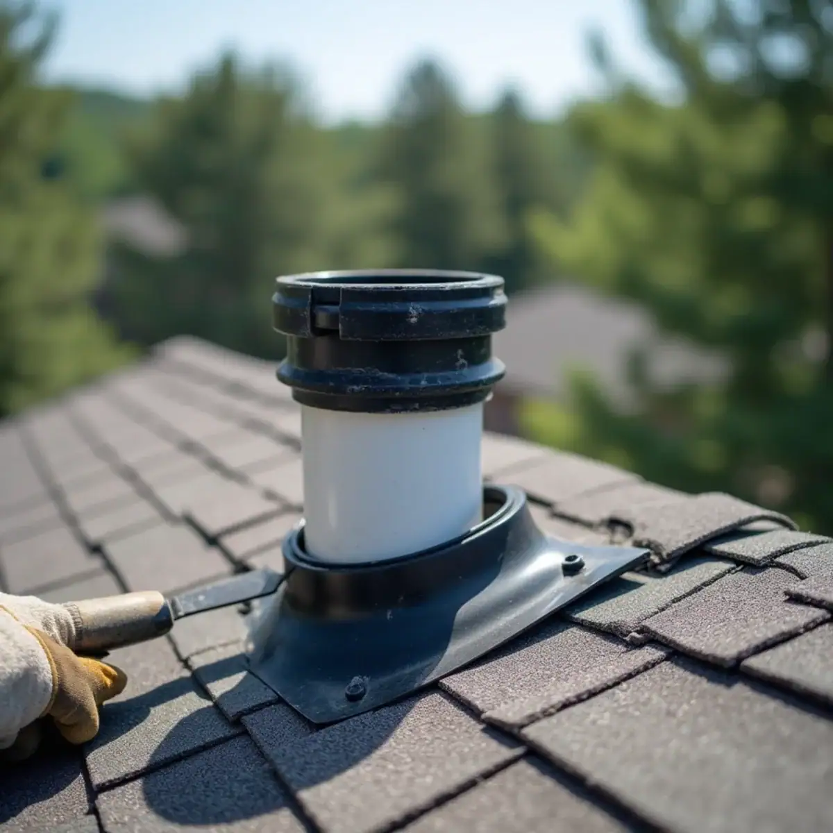 Close view of a cracked rubber pipe boot around a plumbing vent on a shingle roof in Sherwood, AR