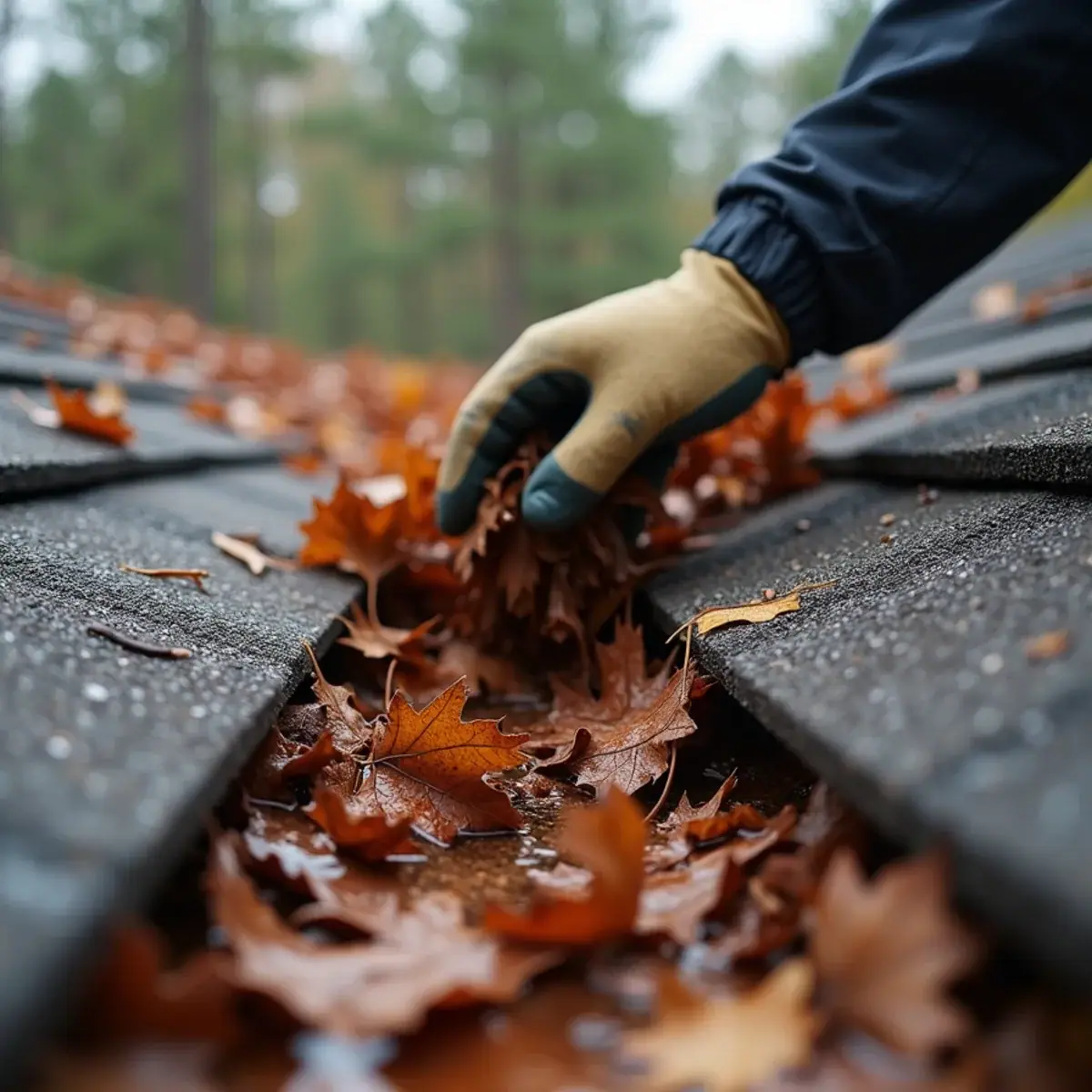 Oak leaves and pine needles packed into a shingle roof valley on a Little Rock, AR home