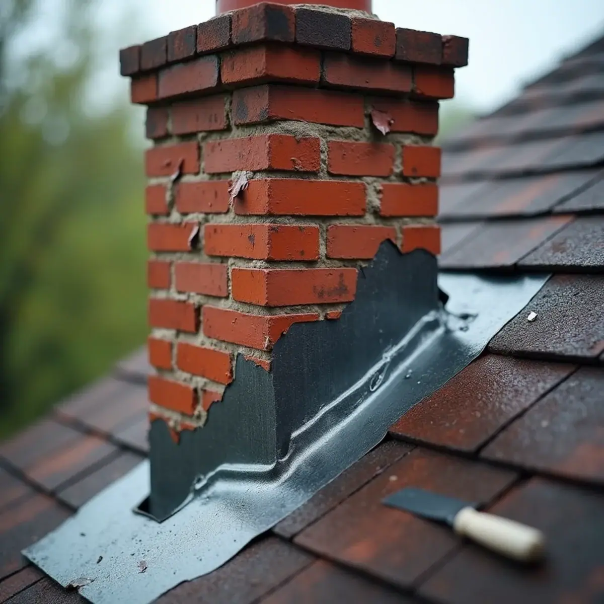 Dried caulk pulling away from chimney counter flashing on an older Little Rock, AR home