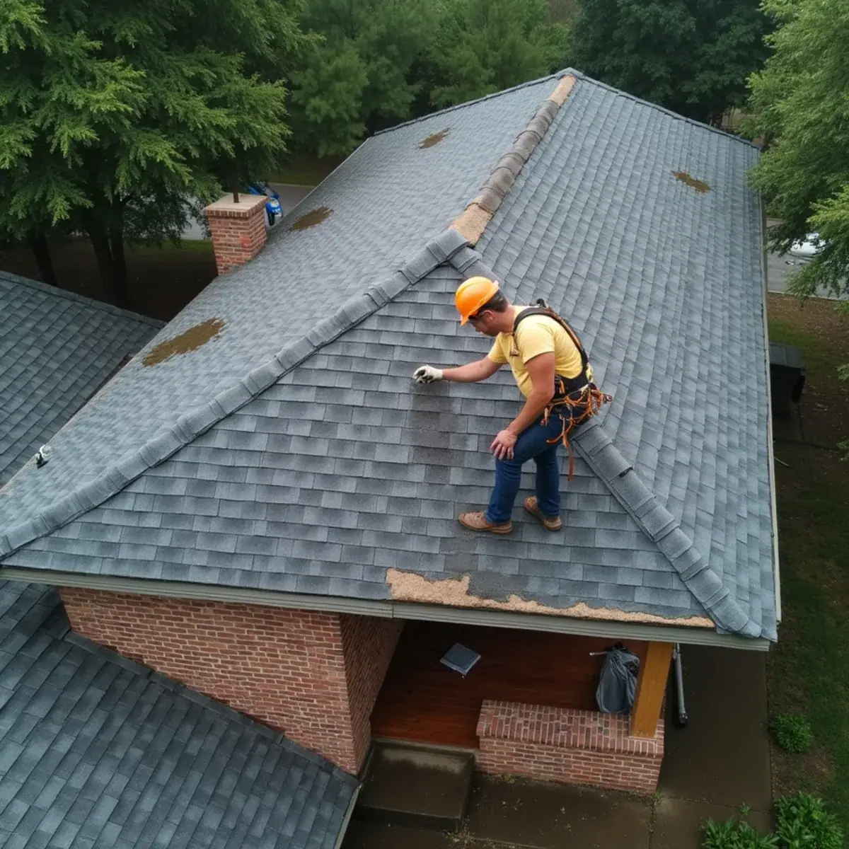 Low-slope porch roof tying into a steeper shingle roof on a Little Rock, AR home