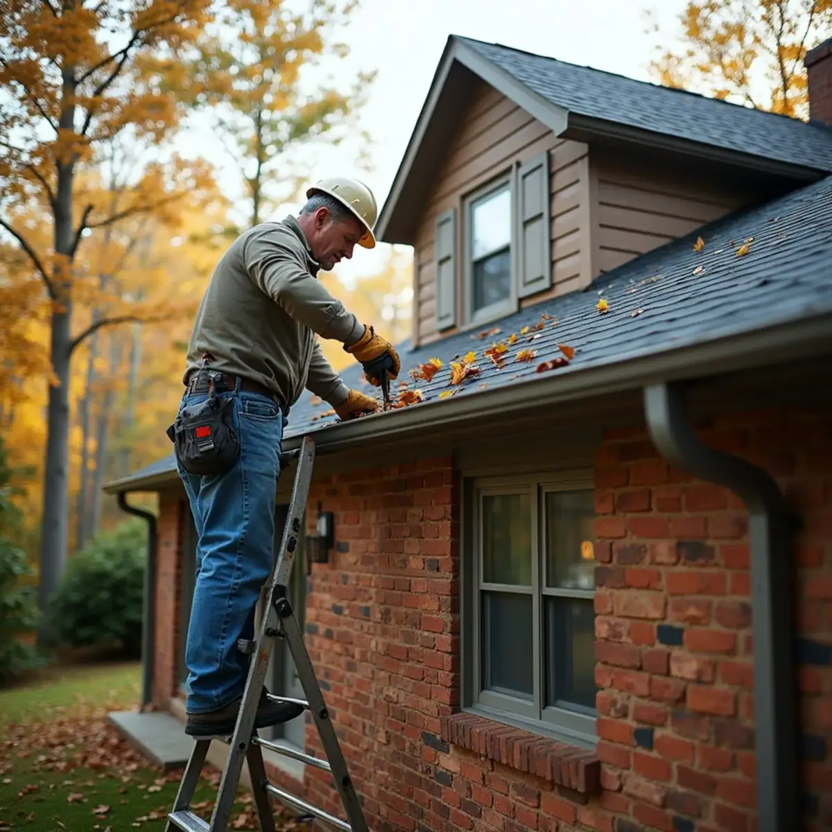 Homeowner on a ladder clearing pine needles from a gutter below a shingle roof on a wooded lot in Maumelle, AR