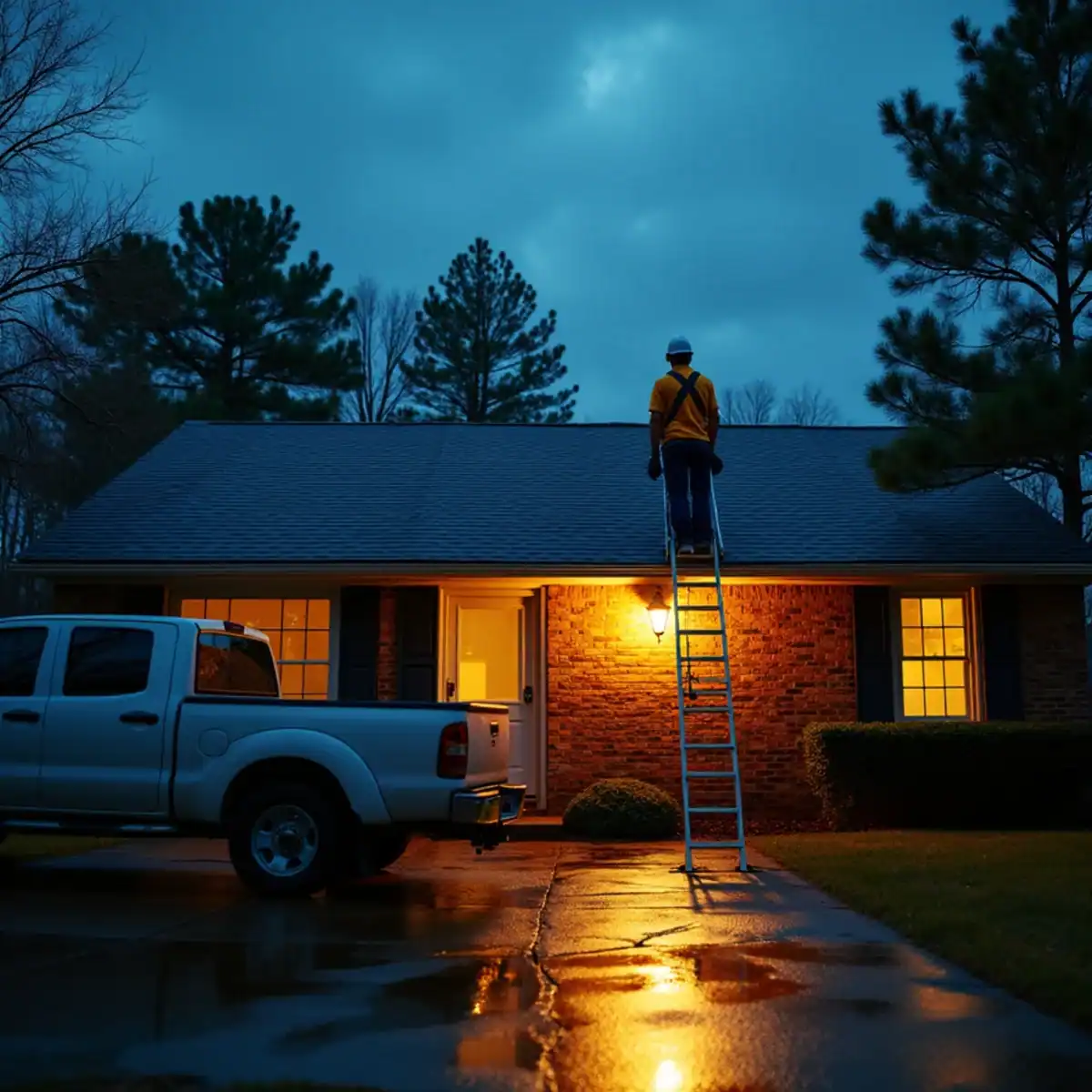 Roofer climbing a ladder to check a shingle roof at dusk after rain in Little Rock, AR