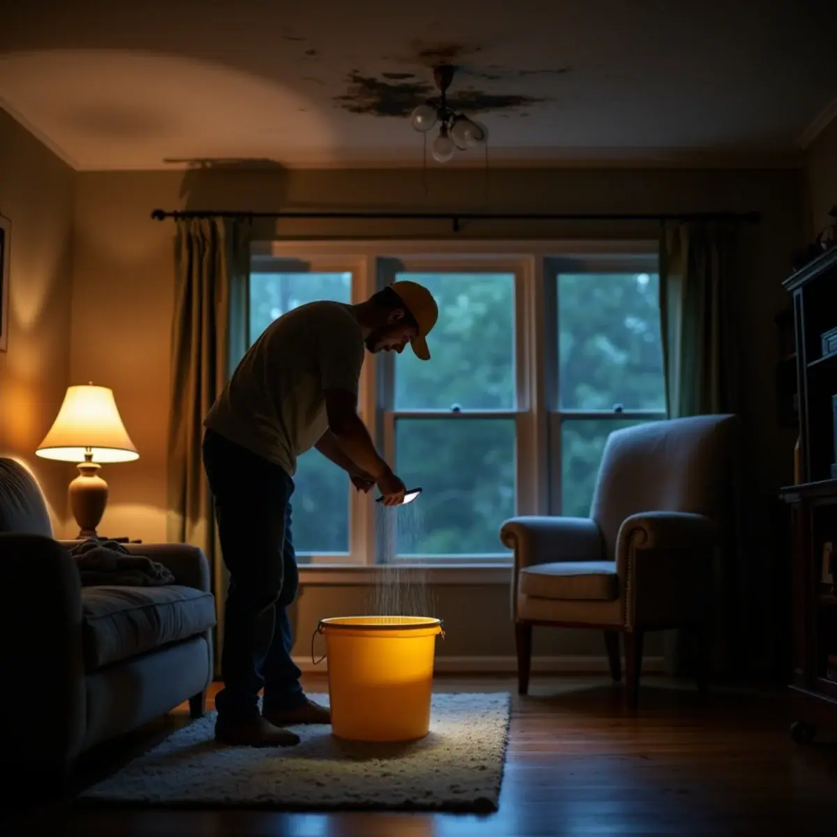 Homeowner catching a ceiling leak in a bucket at night in a Little Rock, AR home