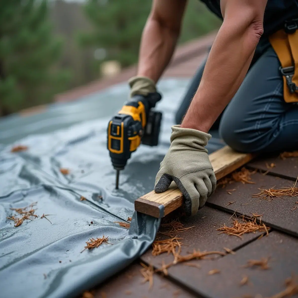 Roofer rolling a silver tarp edge around a 2x4 anchor board on a shingle roof in Little Rock, AR