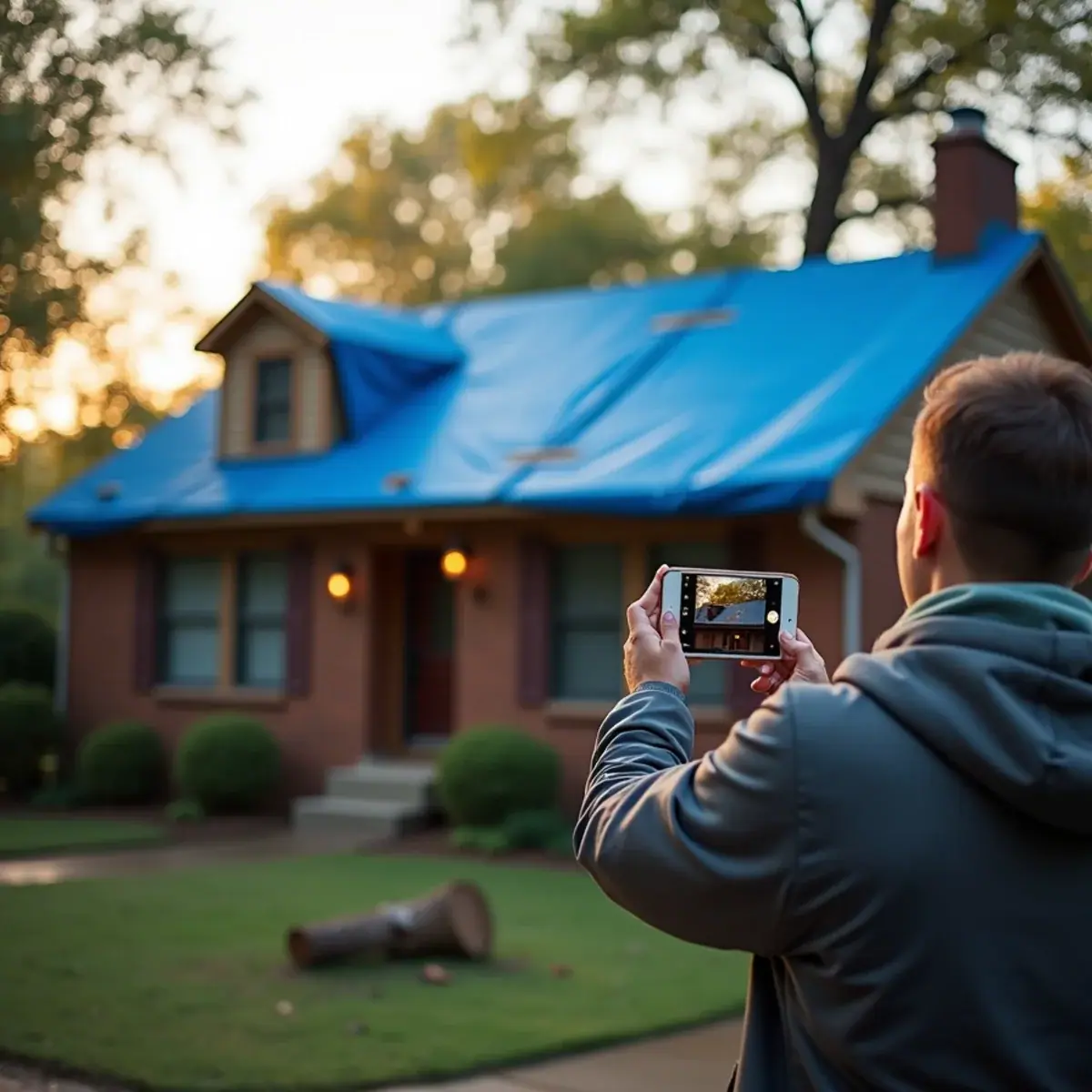 Homeowner photographing a finished blue roof tarp held with anchor boards over the ridge of a home in Little Rock, AR