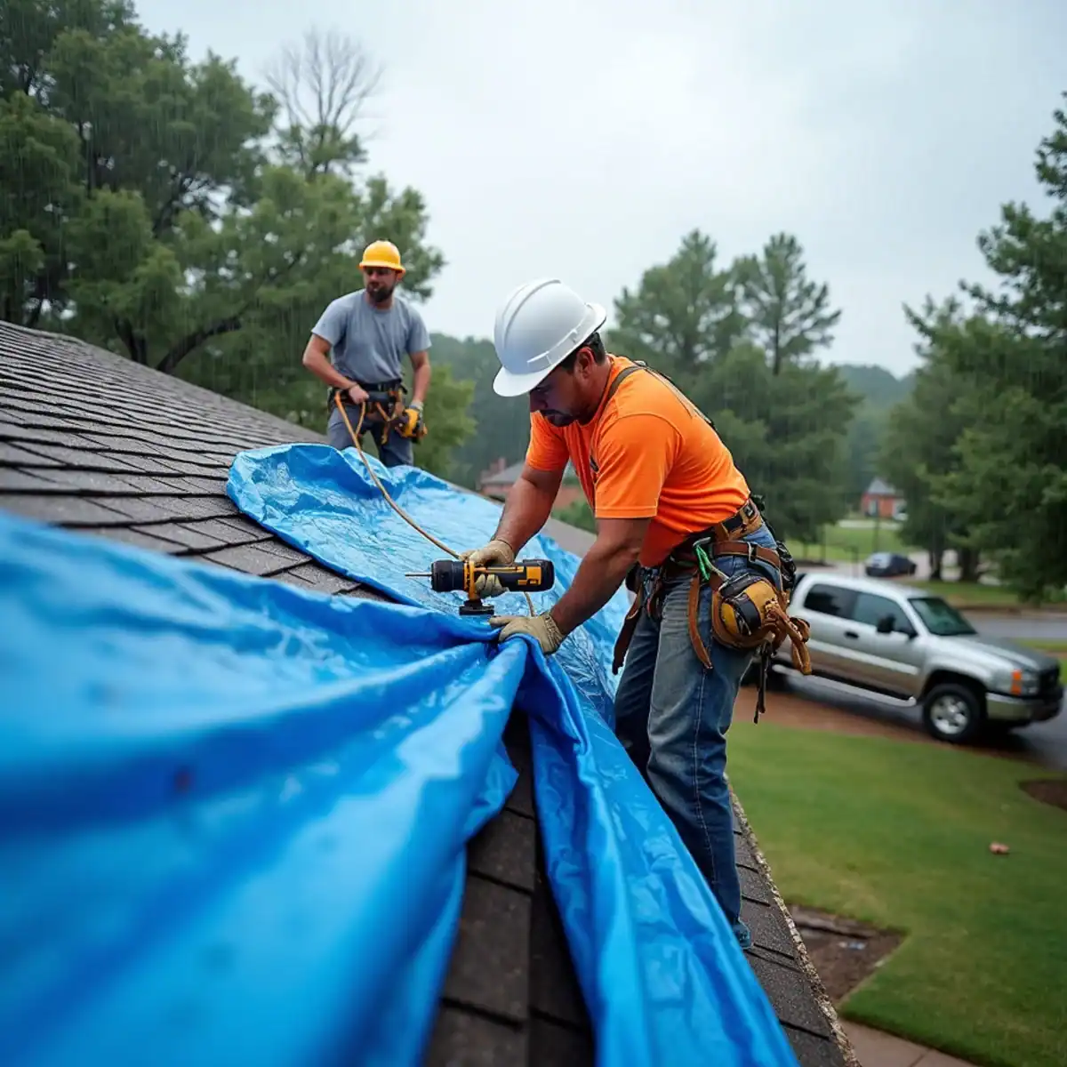 Roofers securing a blue emergency tarp with 2x4 anchor boards over the ridge of a brick ranch home in Little Rock, AR
