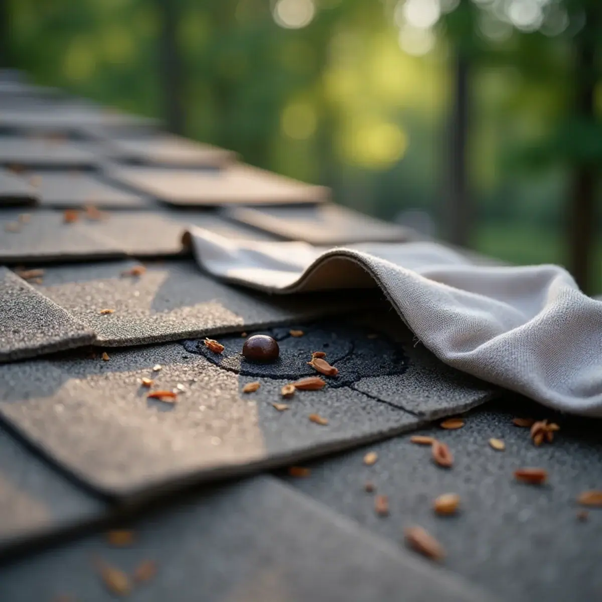 Lifted and curled 3-tab shingles with a missing tab on an older ranch home roof in Little Rock, AR