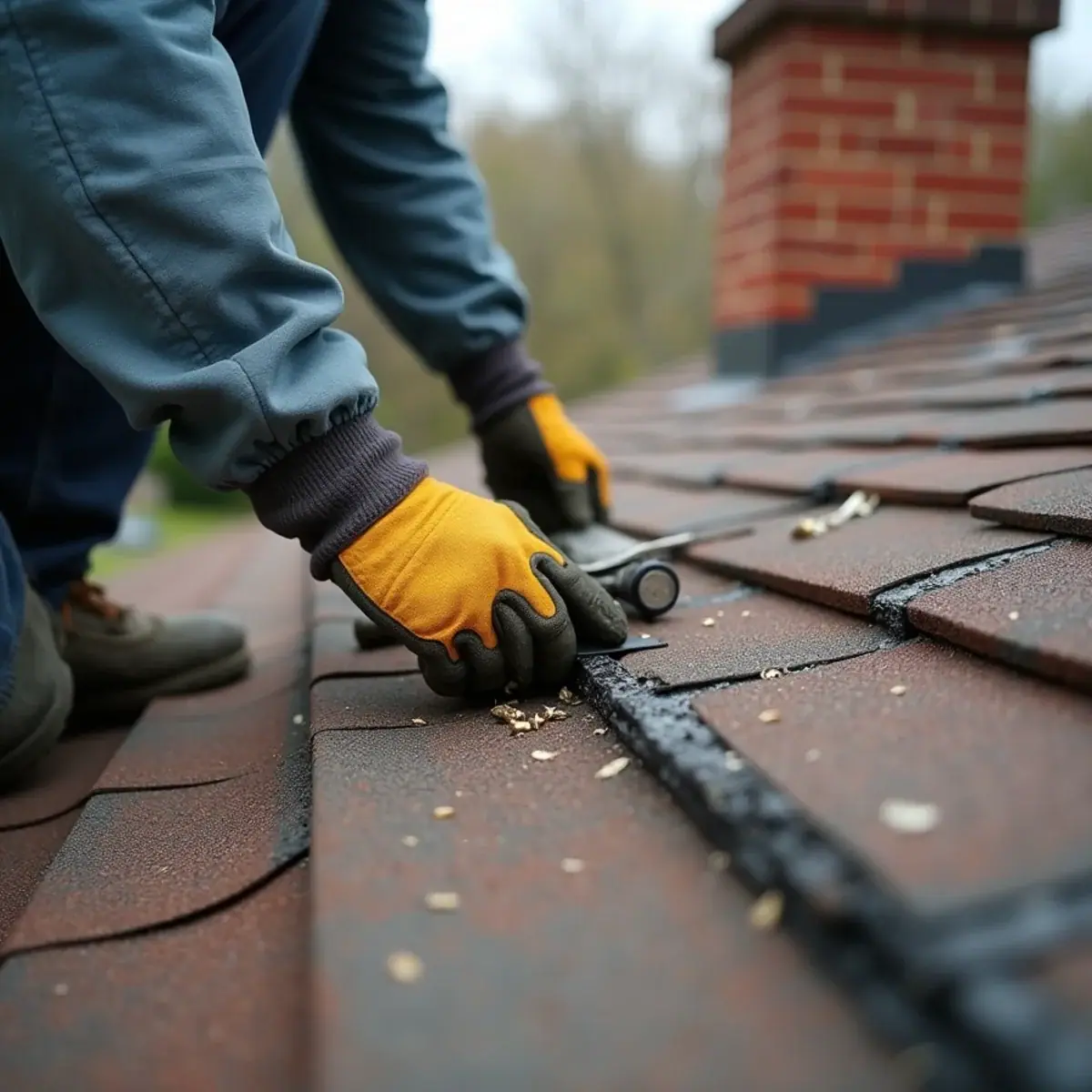 Roofer using a flat bar to break the shingle seal during a spot repair on a Heights home in Little Rock, AR