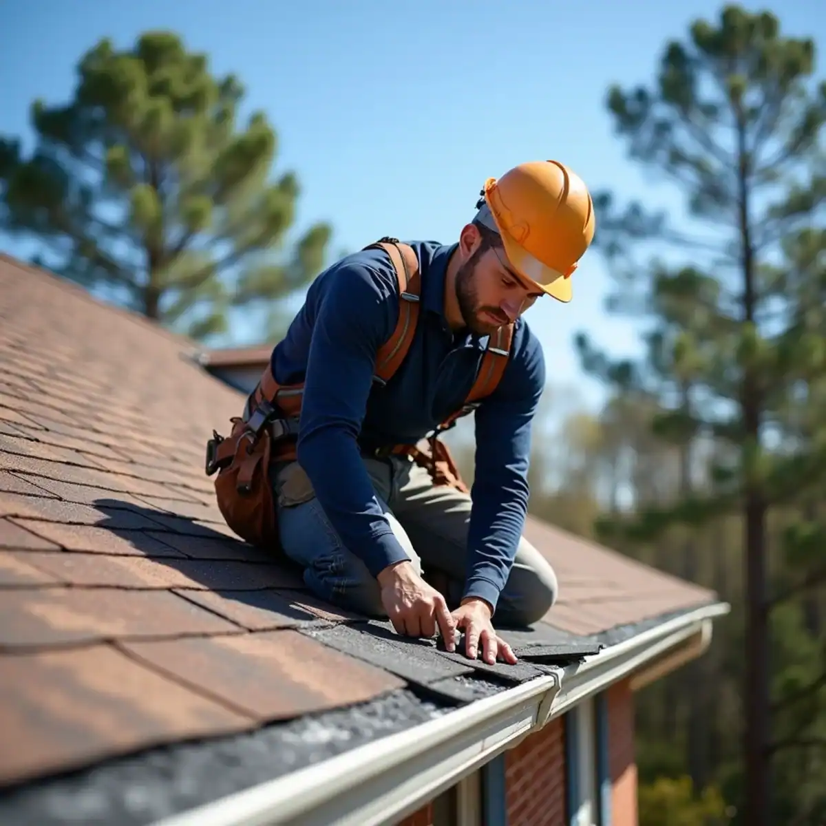 Roofer nailing new architectural shingles into a bare patch on a two-story home in west Little Rock, AR