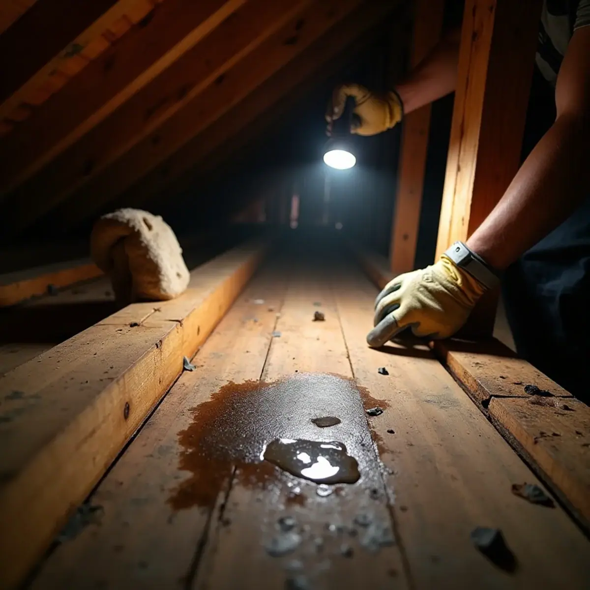 Water-stained board decking and rafters seen from the attic of a Hillcrest home in Little Rock, AR