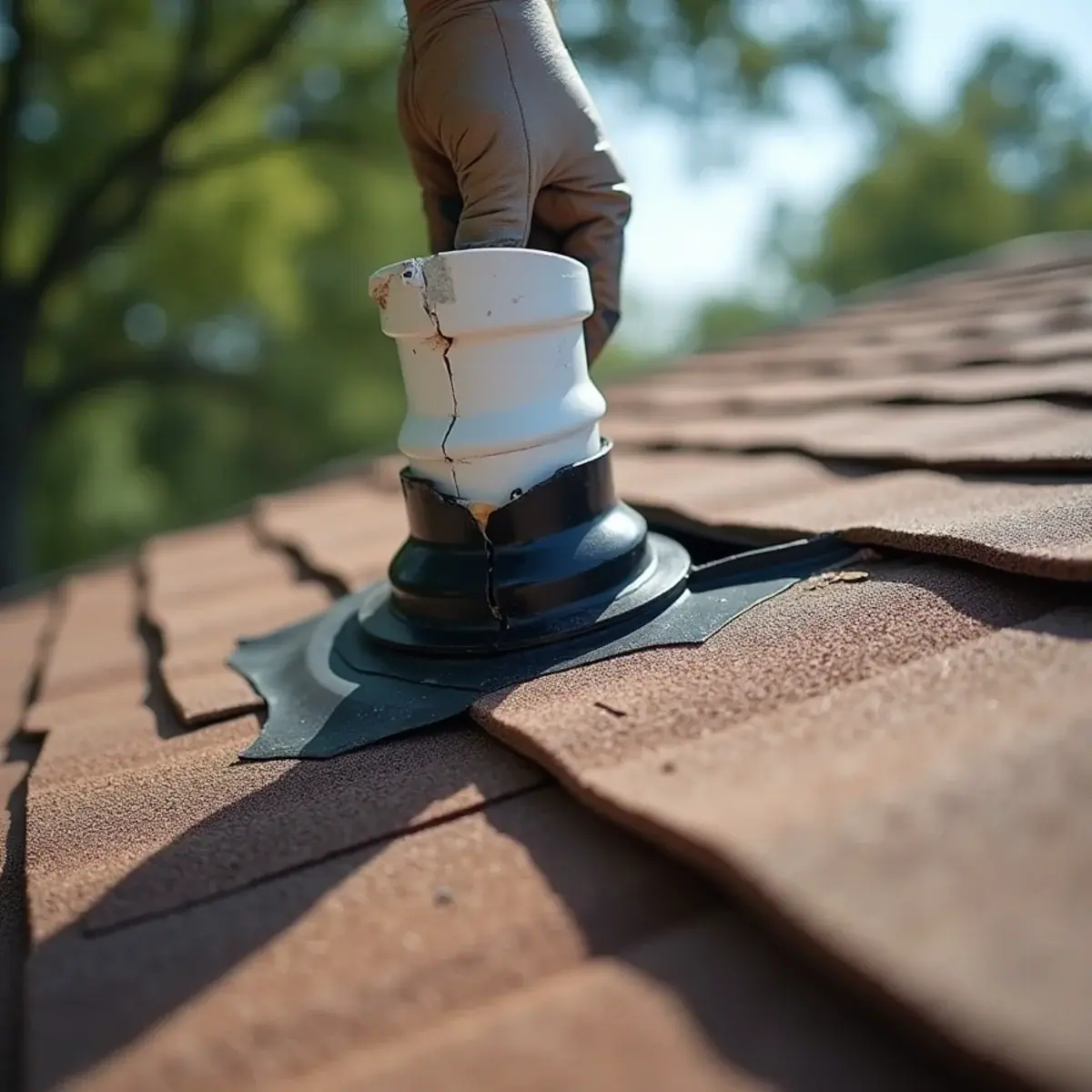 Sun-cracked rubber collar on a plumbing vent pipe boot on a shingle roof in west Little Rock, AR