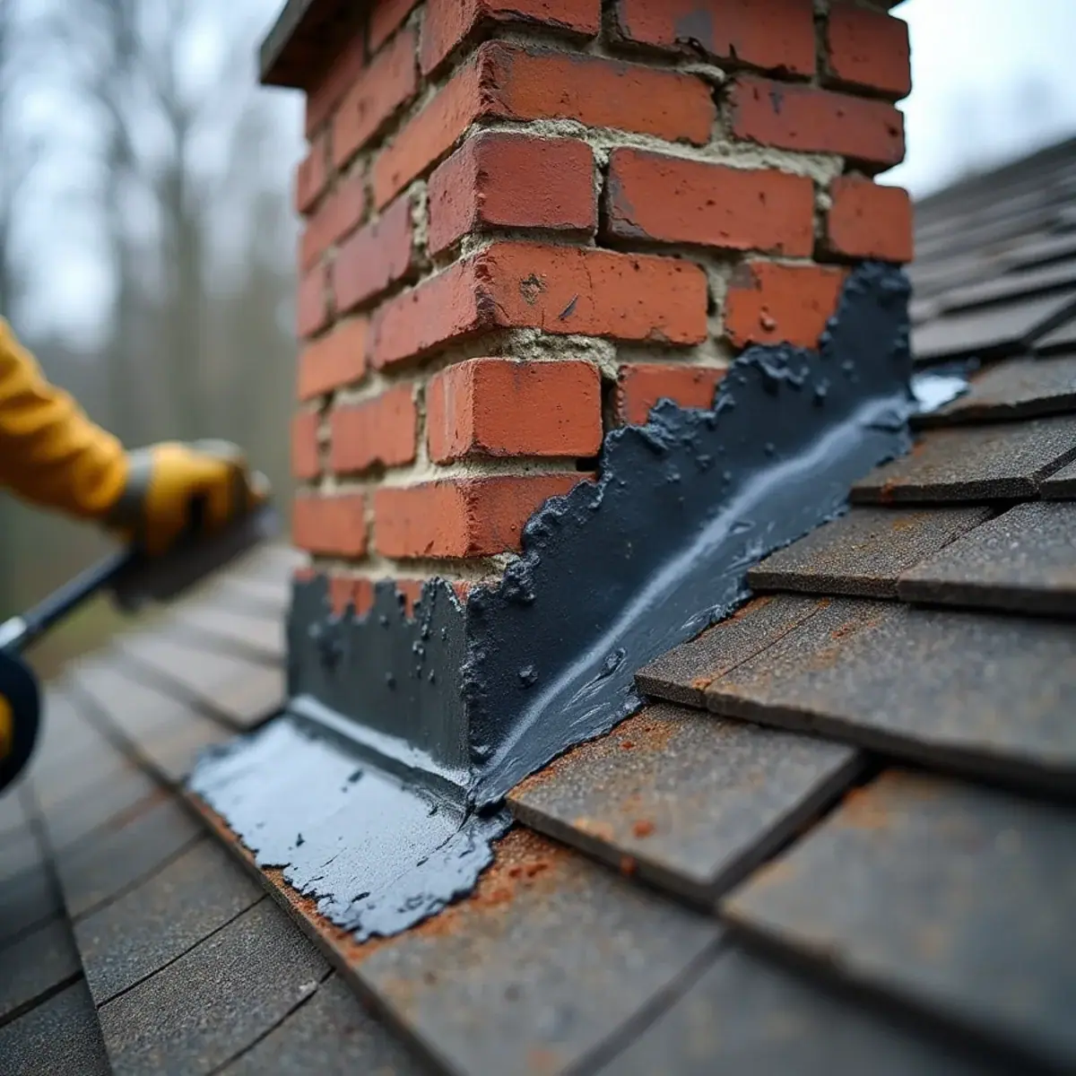 Old tar and caulk patches over failed chimney flashing on a Quapaw Quarter home in Little Rock, AR