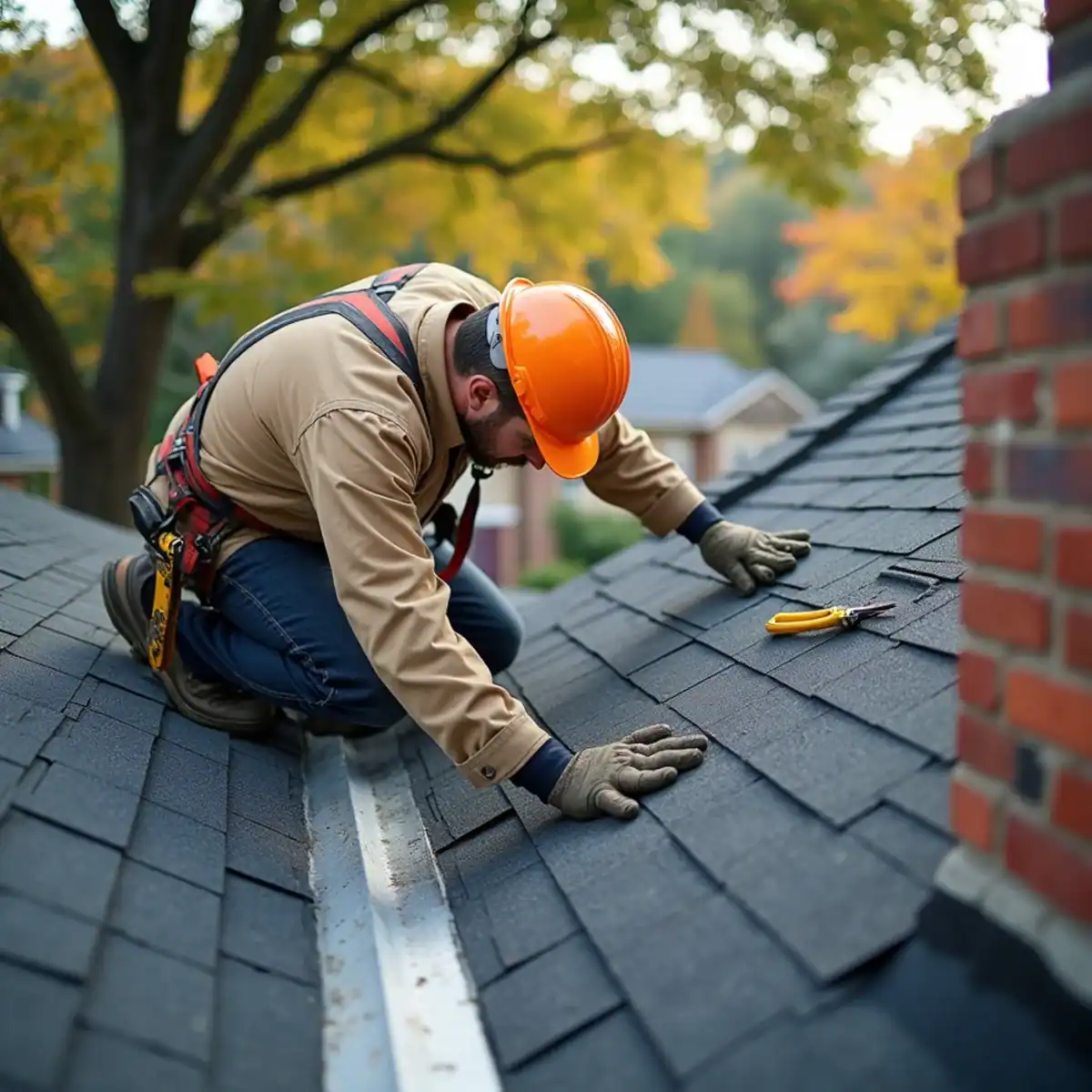 Roofer fitting new step flashing along a brick chimney on a steep Heights home in Little Rock, AR