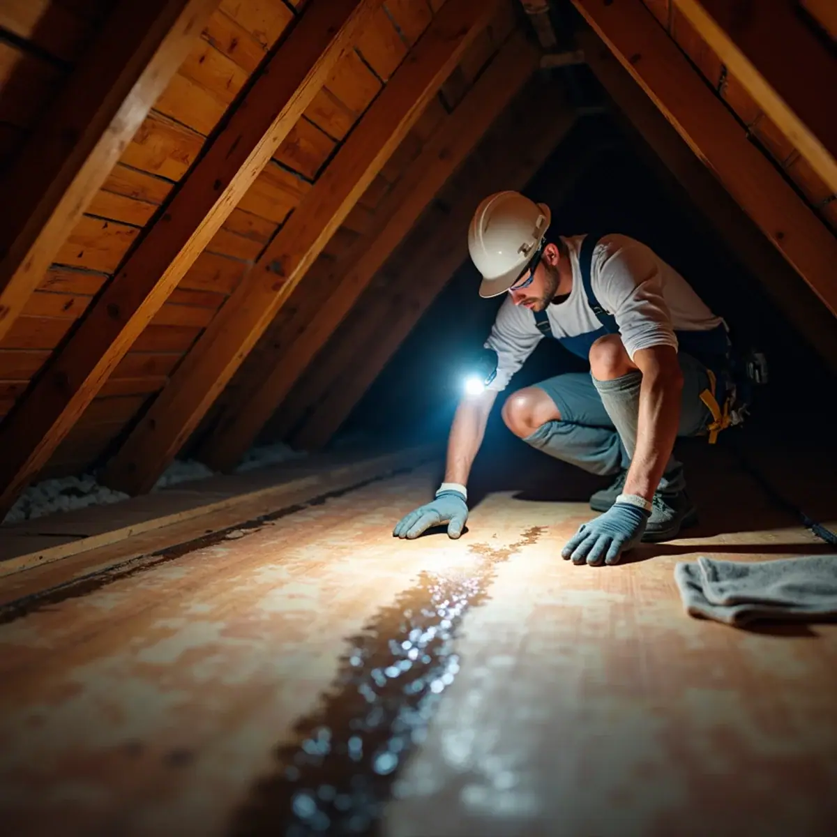 Roofer following a water stain across attic roof decking with a flashlight in a Little Rock, AR home