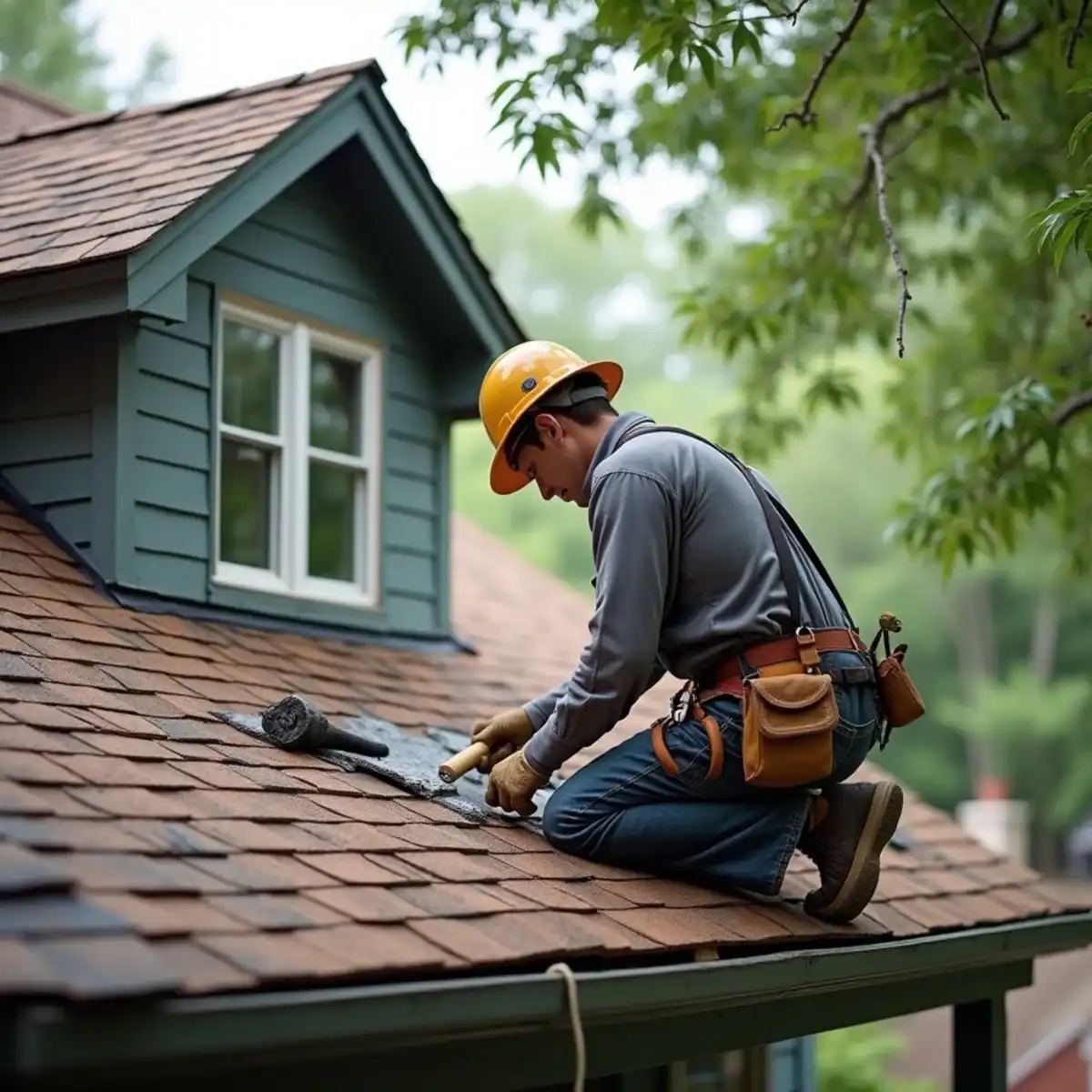 Roofer lifting shingles beside a dormer wall to trace a roof leak on a Hillcrest home in Little Rock, AR