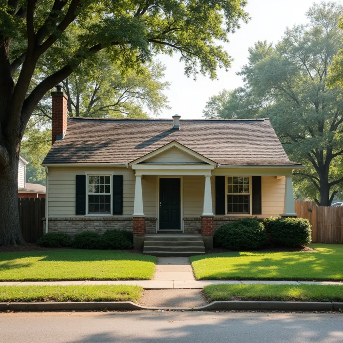 Mid-century home with a patched shingle roof and brick chimney near downtown Benton, AR