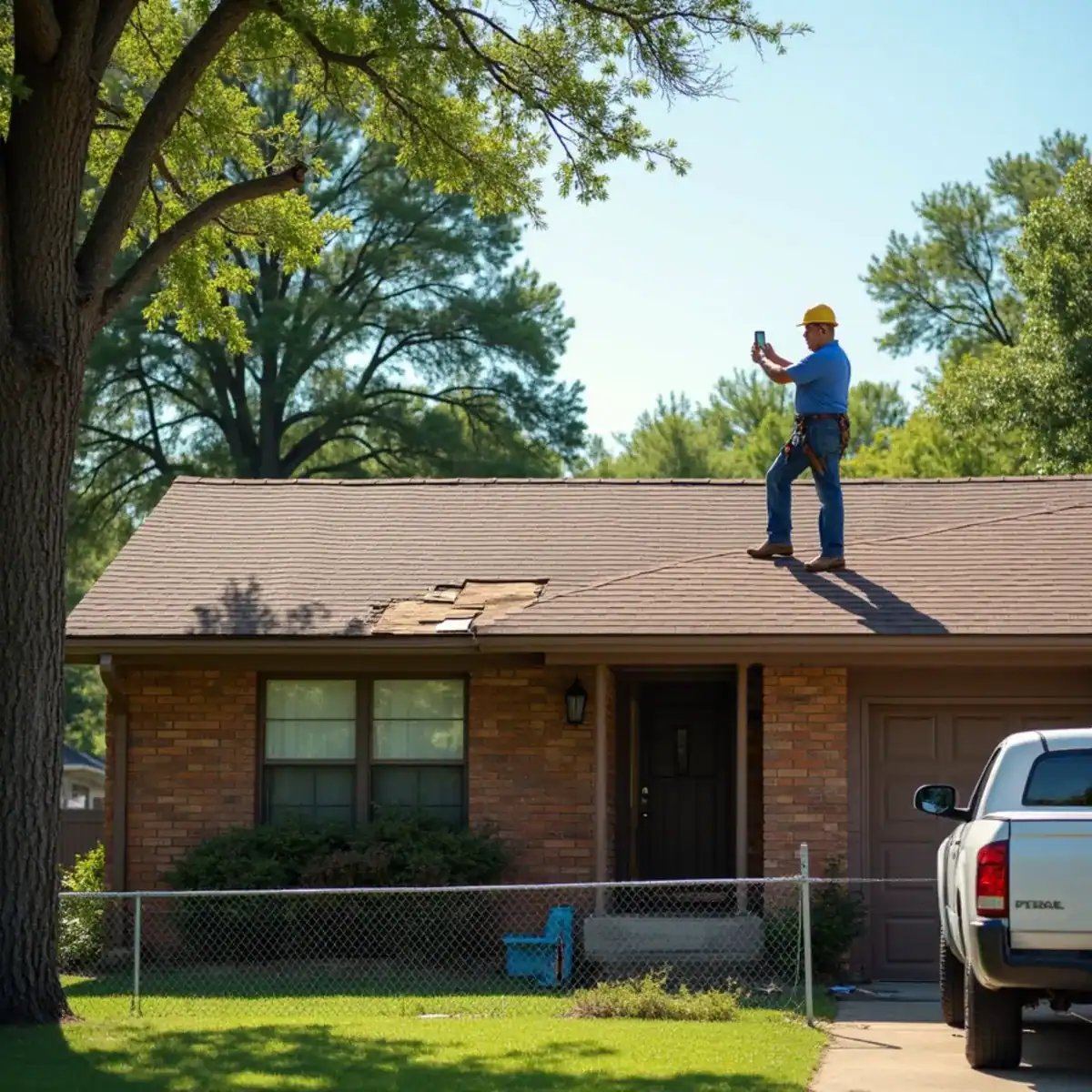 Roofer photographing a shingle repair on a brick ranch rental house in Jacksonville, AR