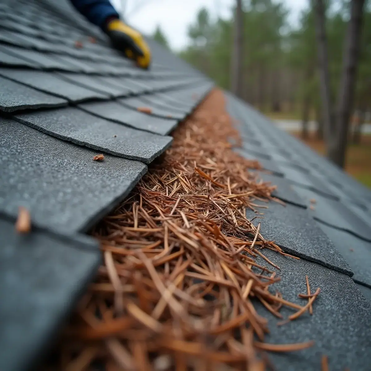 Pine needles packed into a shingle roof valley on a wooded lot in Maumelle, AR