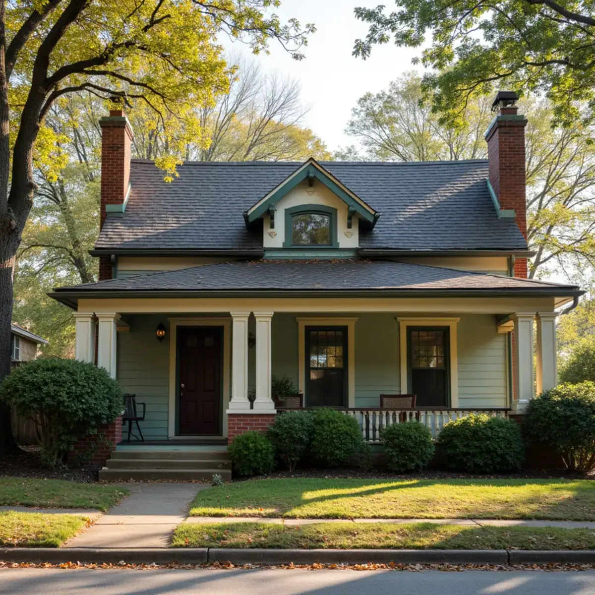 Brick chimney and steep shingle roof on an older Craftsman bungalow in Park Hill, North Little Rock, AR
