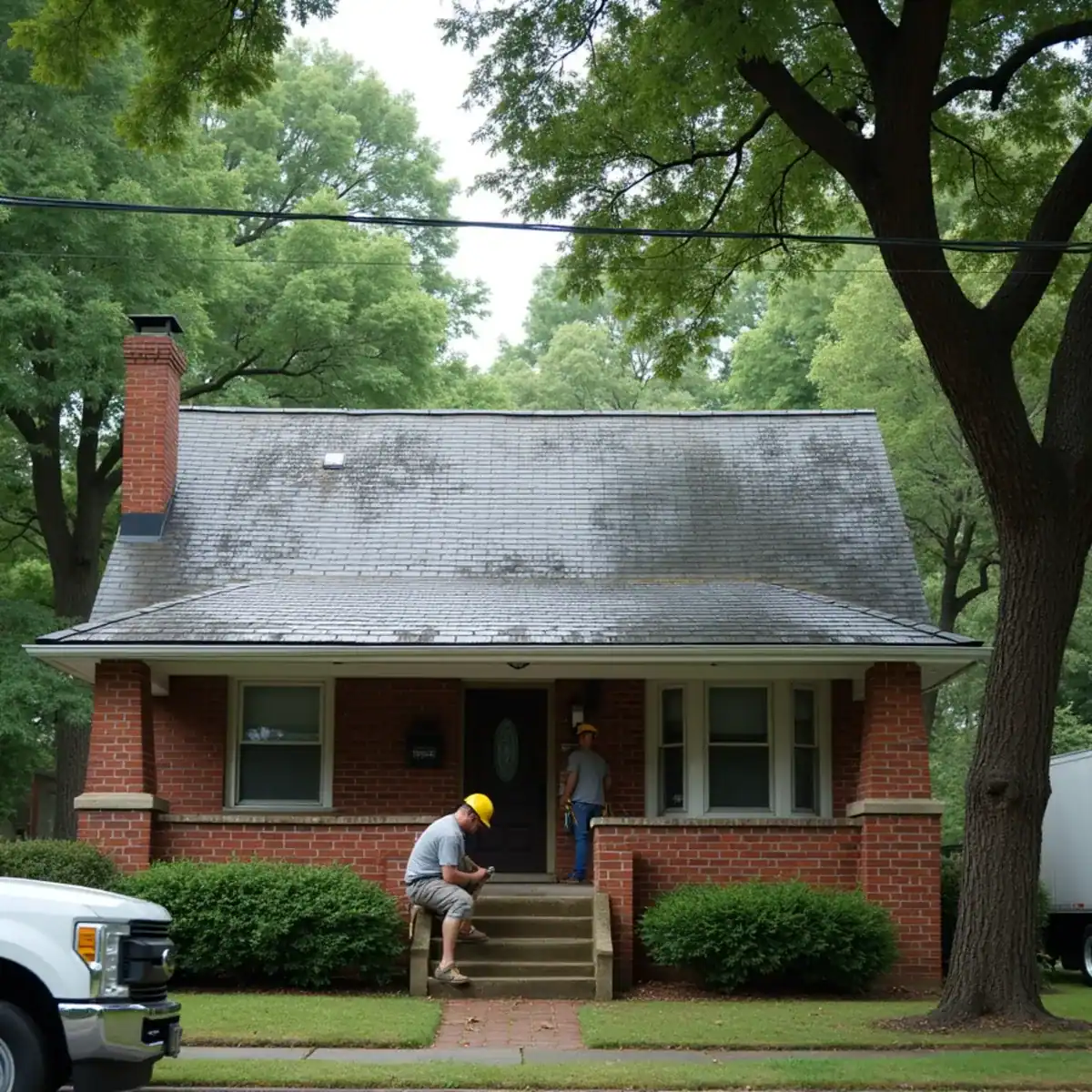 Roofer fitting new step flashing around a brick chimney on a shingle roof under oak trees in North Little Rock, AR