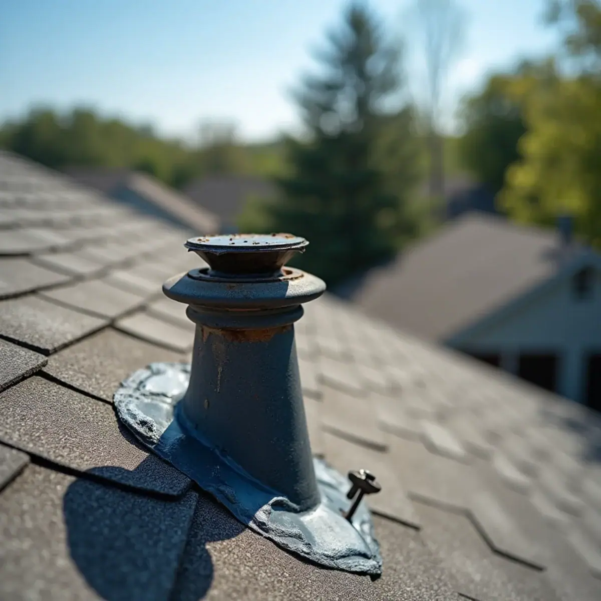 Close view of a sun-cracked rubber pipe boot on a shingle roof in a Sherwood, AR subdivision