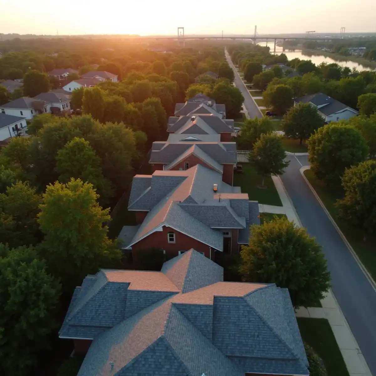 Aerial view of shingle roofs and trees along the Arkansas River between Little Rock and North Little Rock, AR
