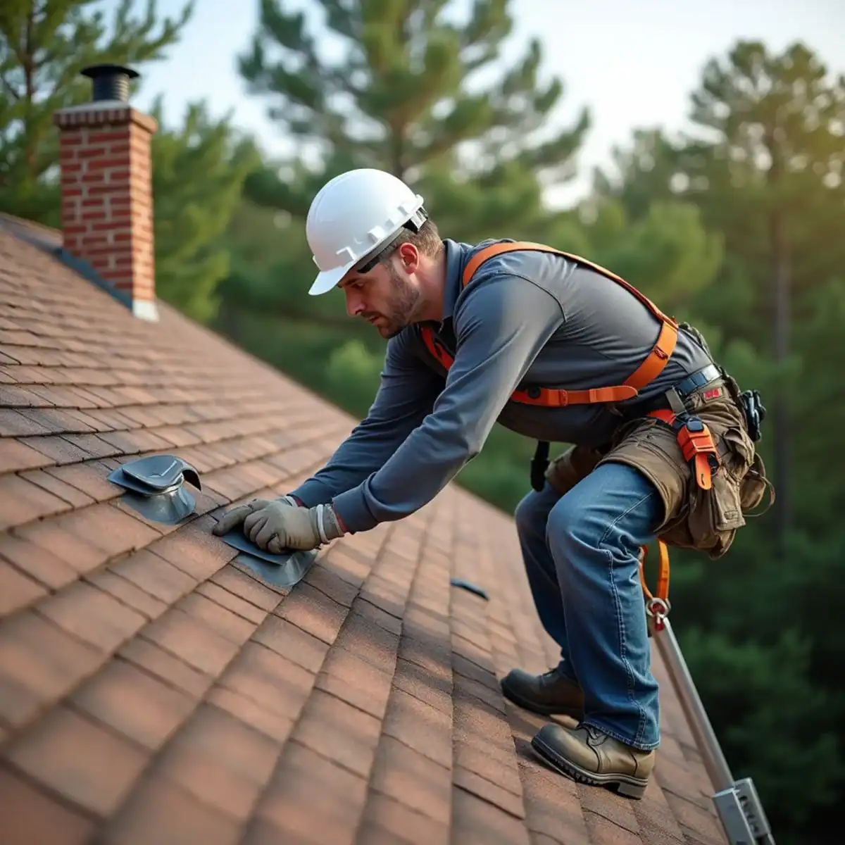 Roofer resetting shingles beside a plumbing vent on a brick home's roof in Little Rock, AR
